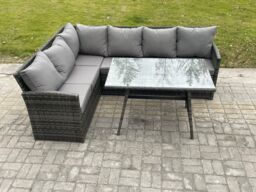 Fimous Wicker Rattan Garden Furniture Corner Sofa Set with Oblong Dining Table 6 Seater Outdoor Rattan Set in Dark Grey - thumbnail 2