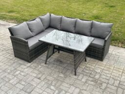 Fimous Wicker Rattan Garden Furniture Corner Sofa Set with Oblong Dining Table 6 Seater Outdoor Rattan Set in Dark Grey - thumbnail 1