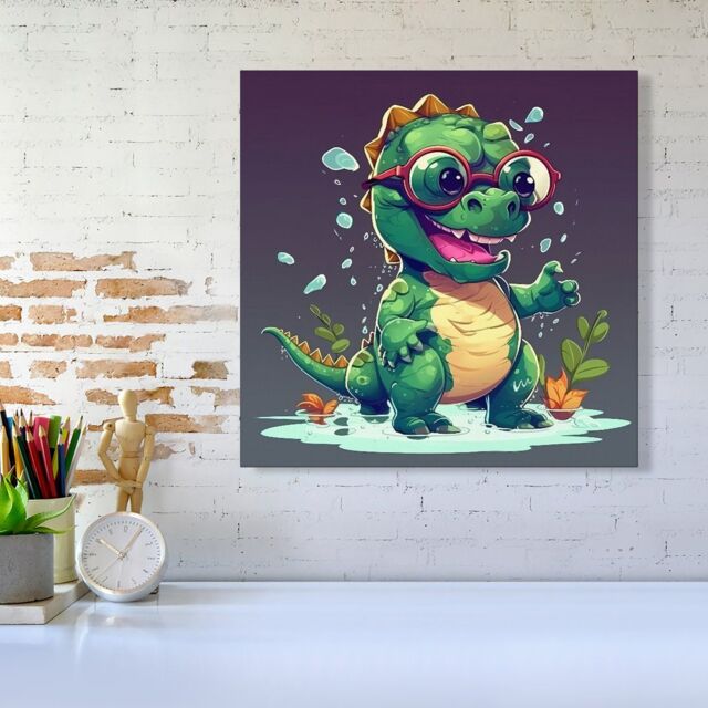 "Warren Reed - Designer Happy Dino In A Puddle Canvas - Size: W16"" x H16""" - image 1