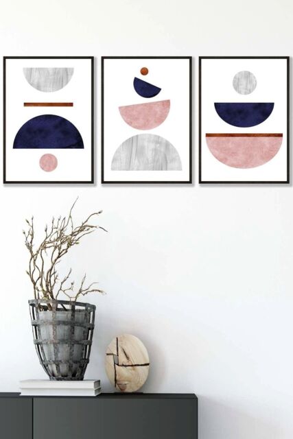 ARTZE Navy, Pink & Grey Abstract Mid Century Geometric Framed Wall Art - Medium in Black - Size: W45 cm x H62 cm x D20mm - image 1