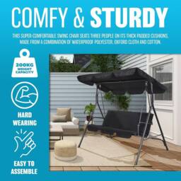 BARGAINS-GALORE 3 Seater Garden Swing Chair Black Seat Hammock Swinging Metal Seat - thumbnail 4