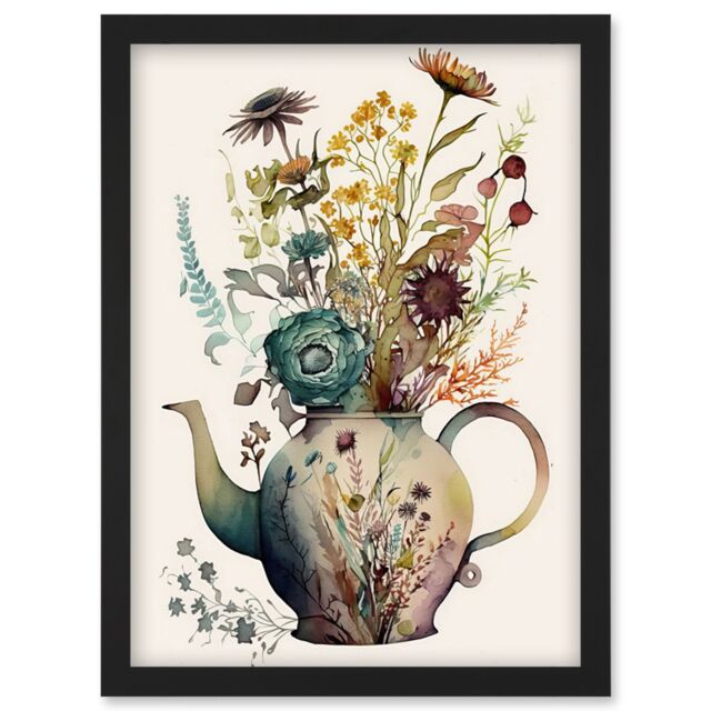 Artery8 Flower Bouquet in a Floral Pattern Ceramic Teapot Artwork Framed Wall Art Print A4 in Black - image 1