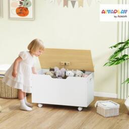 AIYAPLAY Toy Box for Kids, Toy Chest with Wheels & Safety Hinges, White