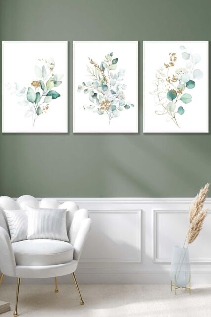 ARTZE Set of 3 White Framed Green Blue Watercolour Eucalyptus Set 1 Wall Art in Light Green - Size: W33 cm x H45 cm x D20mm - image 1