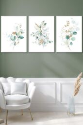 ARTZE Set of 3 White Framed Green Blue Watercolour Eucalyptus Set 1 Wall Art in Light Green - Size: W33 cm x H45 cm x D20mm - thumbnail 1