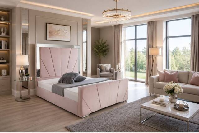 Stratus Interiors Knightsbridge Art Deco Lined Mirrored Bed Frame - Non storage in Pink - Size: Super King - image 1