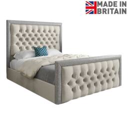 Casani Thorpe Glitter Border Upholstered Beige Soft Velvet Designer Bed Frame in Cream - Size: Small Single - thumbnail 4