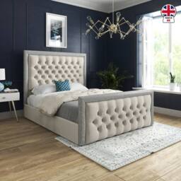 Casani Thorpe Glitter Border Upholstered Beige Soft Velvet Designer Bed Frame in Cream - Size: Small Single - thumbnail 5