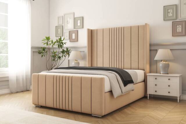 "Comfort Beds Grace Plush Bed Frame - 50"" Upholstered Wingback Headboard in Stone - Size: King" - image 1