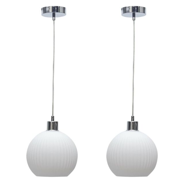 First Choice Lighting Set of 2 Betchley - White Ribbed Glass Globe with Chrome Pendants - image 1