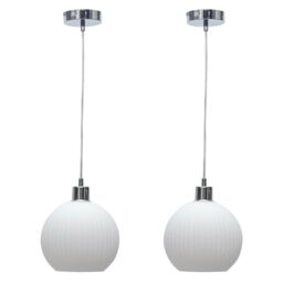 First Choice Lighting Set of 2 Betchley - White Ribbed Glass Globe with Chrome Pendants