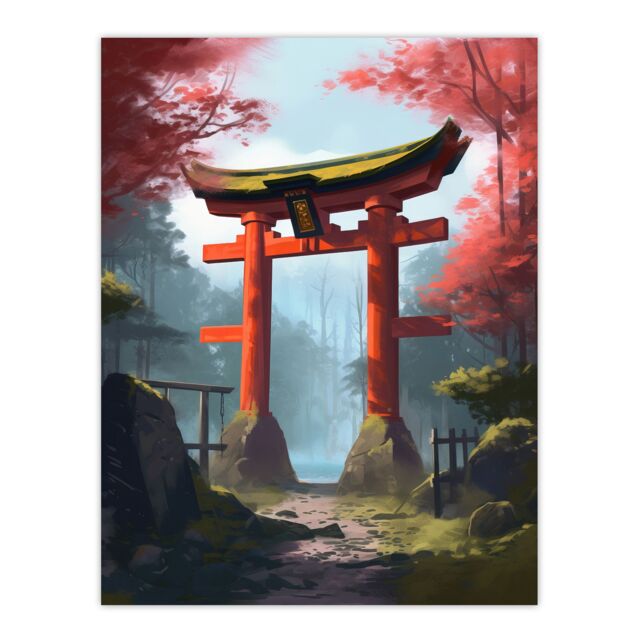 Artery8 Wall Art Print Torii Gate Leading to Shinto Shrine in Forest Painting Red Pink Green Blue Tranquil Sacred Grounds Landscape Poster - image 1