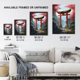 Artery8 Wall Art Print Torii Gate Leading to Shinto Shrine in Forest Painting Red Pink Green Blue Tranquil Sacred Grounds Landscape Poster - thumbnail 3