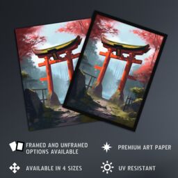 Artery8 Wall Art Print Torii Gate Leading to Shinto Shrine in Forest Painting Red Pink Green Blue Tranquil Sacred Grounds Landscape Poster - thumbnail 2