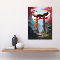 Artery8 Wall Art Print Torii Gate Leading to Shinto Shrine in Forest Painting Red Pink Green Blue Tranquil Sacred Grounds Landscape Poster - thumbnail 4