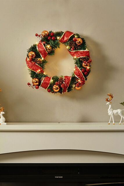 Living and Home D30cm Ribbon Lighted Wreath Hanging Christmas Decor in Red - image 1