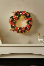 Living and Home D30cm Ribbon Lighted Wreath Hanging Christmas Decor in Red - thumbnail 1