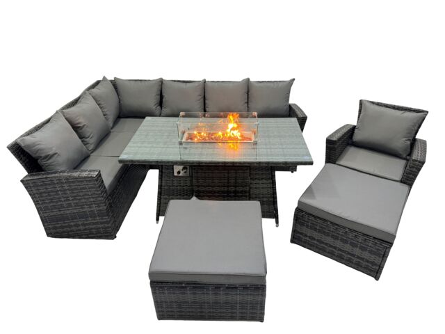 Fimous Rattan Outdoor Patio Gas Firpit Table Sofa Set with 2 Big Stools Chair in Dark Grey - image 1