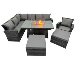 Fimous Rattan Outdoor Patio Gas Firpit Table Sofa Set with 2 Big Stools Chair in Dark Grey - thumbnail 1