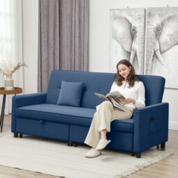 HOMCOM Reversible L-Shaped Sectional Sofa Bed with Cushions in Blue - thumbnail 1
