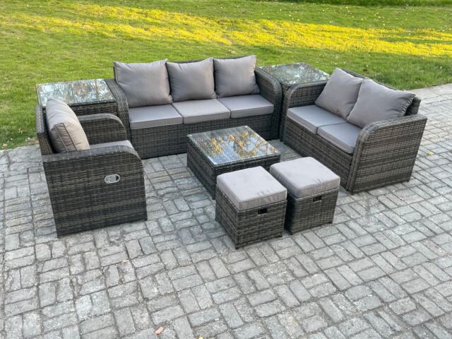 Fimous Indoor Outdoor Rattan Garden Furniture 8 Seater Set Table Sofa Chair Patio Conservatory with Grey Cushions 2 Small Footstools in Dark Grey - image 1