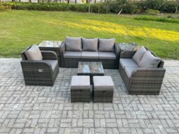 Fimous Indoor Outdoor Rattan Garden Furniture 8 Seater Set Table Sofa Chair Patio Conservatory with Grey Cushions 2 Small Footstools in Dark Grey - thumbnail 2