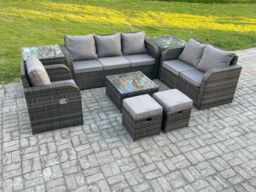 Fimous Indoor Outdoor Rattan Garden Furniture 8 Seater Set Table Sofa Chair Patio Conservatory with Grey Cushions 2 Small Footstools in Dark Grey - thumbnail 1