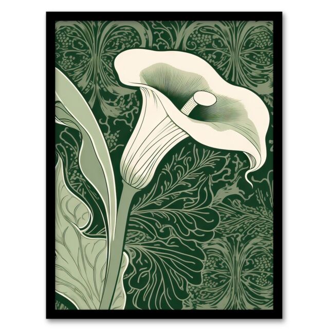 Artery8 Framed Wall Art Print Single White Cala Lily Flower Art Nouveau Floral in Green - Size: A4 - image 1