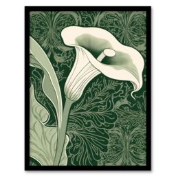 Artery8 Framed Wall Art Print Single White Cala Lily Flower Art Nouveau Floral in Green - Size: A4 - thumbnail 1