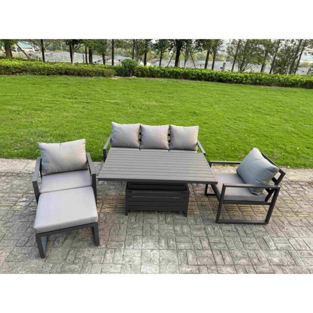 Fimous Aluminum 5-Piece 6-Seater Sofa Set with Lifting Table & Big Stool in Dark Grey - image 1