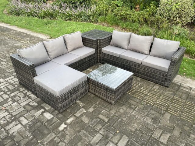 Fimous 7 Seater Rattan Garden Furniture Sofa Set with Side Table Square Coffee Table Big Footstool Indoor Outdoor Rattan Set in Dark Grey - image 1