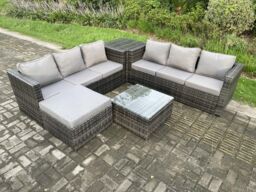 Fimous 7 Seater Rattan Garden Furniture Sofa Set with Side Table Square Coffee Table Big Footstool Indoor Outdoor Rattan Set in Dark Grey - thumbnail 2