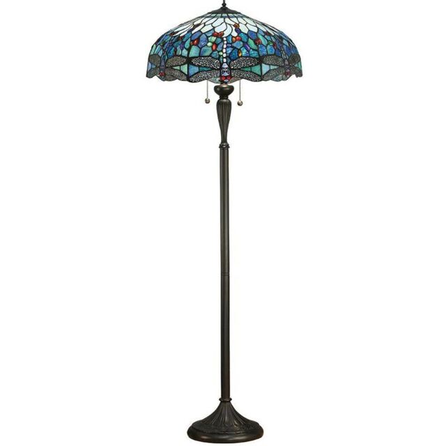 Loops Tiffany Glass Dragonfly Floor Lamp - Dark Bronze Finish - 2 x 60W E27 GLS LED in Clear - image 1