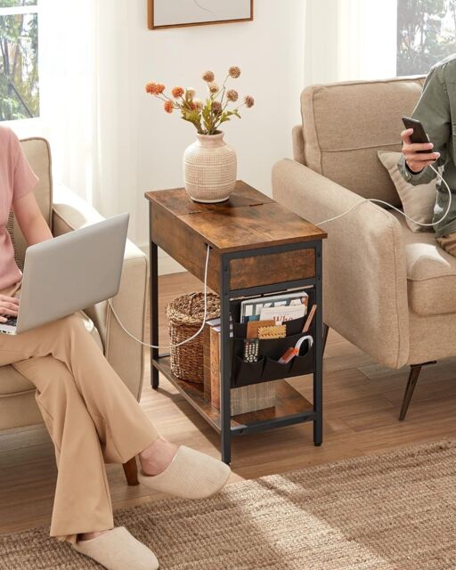 VASAGLE Slim Side Table Charging Station Storage USB Ports Fabric Bags in Brown - image 1