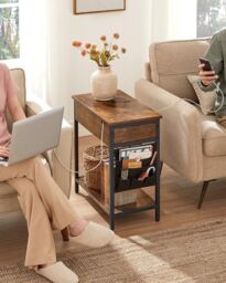 VASAGLE Slim Side Table Charging Station Storage USB Ports Fabric Bags in Brown