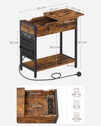 VASAGLE Slim Side Table Charging Station Storage USB Ports Fabric Bags in Brown - thumbnail 2
