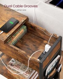 VASAGLE Slim Side Table Charging Station Storage USB Ports Fabric Bags in Brown - thumbnail 3