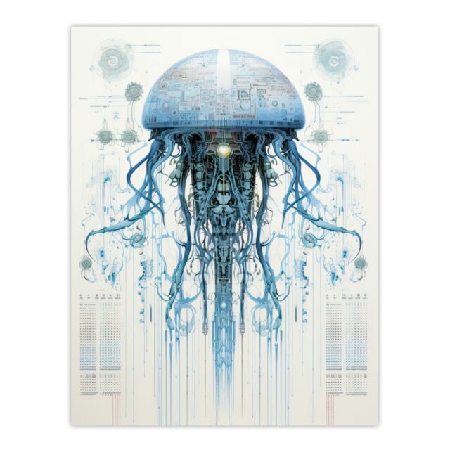 Artery8 Jellyfish Military Robot Hybrid Schematic Blueprint Futuristic Secret Complex Arcane Manuscript Gift For Him Man Cave Unframed Wall Art Print - image 1