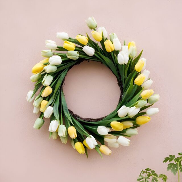 Primrose Artificial Tulip Flower Wreath with Hanging Loop in Yellow 50cm - image 1