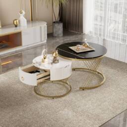 Merax 2 Piece Round Nesting Coffee Table Set with Gold Frame in Black - thumbnail 2
