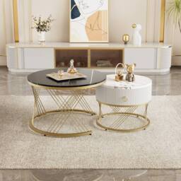 Merax 2 Piece Round Nesting Coffee Table Set with Gold Frame in Black - thumbnail 3
