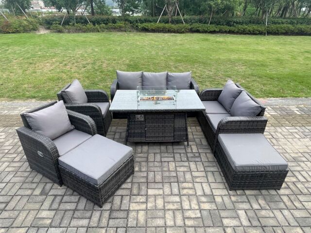 Fimous Garden Patio Furniture Wicker Rattan Gas Fire Pit Table & Sofa Chair set with 2 Big Footstool in Dark Grey - image 1