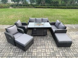 Fimous Garden Patio Furniture Wicker Rattan Gas Fire Pit Table & Sofa Chair set with 2 Big Footstool in Dark Grey - thumbnail 1