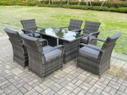 Fimous Rattan Garden Furniture Dining Set Table & Chairs WiCker Patio Outdoor 6 Chairs Plus Rectangular Table in Dark Grey