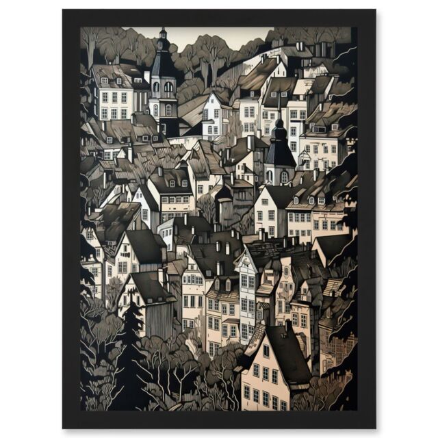 Artery8 Black Forest City Baden Monochrome Cityscape Artwork Framed Wall Art Print A4 - image 1