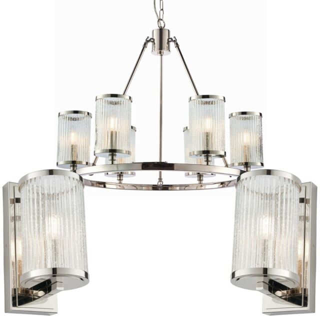 Loops 6 Lamp Ceiling & 2x Matching Wall Light Pack Bright Nickel & Ribbed Glass Shade in Metallics - image 1