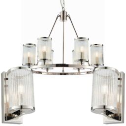 Loops 6 Lamp Ceiling & 2x Matching Wall Light Pack Bright Nickel & Ribbed Glass Shade in Metallics - thumbnail 1