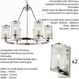 Loops 6 Lamp Ceiling & 2x Matching Wall Light Pack Bright Nickel & Ribbed Glass Shade in Metallics - thumbnail 2