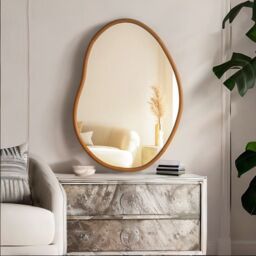 Pirlo Plush Small Irregular Wooden Vanity Wall Mirror For Bedroom Living Room in Brown - thumbnail 5