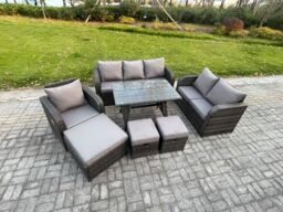 Fimous 9 Seater Outdoor Rattan Garden Furniture Set Patio Lounge Sofa Set with Dining Table 3 Footstools Dark Grey Mixed - thumbnail 2